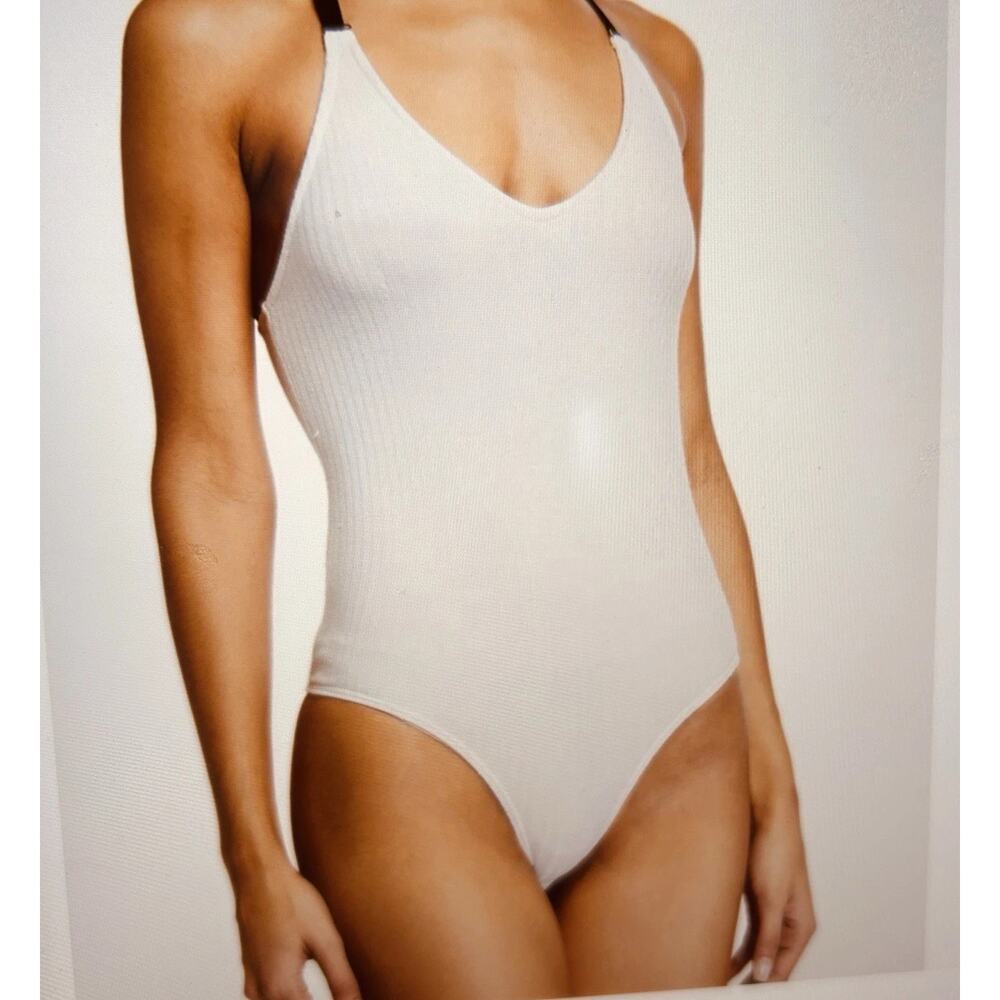 $195 ATM Anthony Thomas Melillo Women's Ivory Cross Back Rib Bodysuit Size Large
